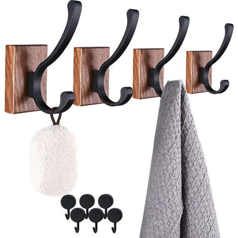 ALLIANDISCrochets muraux en bois pour manteaux suspendus - Lot de 4 crochets muraux, crochets porte-serviettes en bois très résistants, crochets manteaux pour suspendre manteaux, clés, sac, serviette, (1/4)