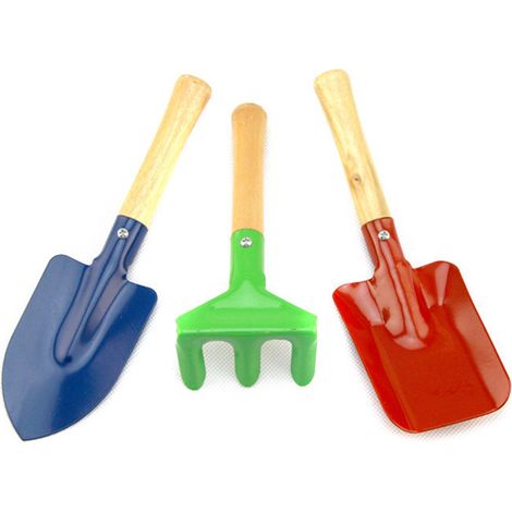 Lot de 3 outils de jardin pour enfants : pelle en fer, truelle, râteau à manche en bois (1/5)
