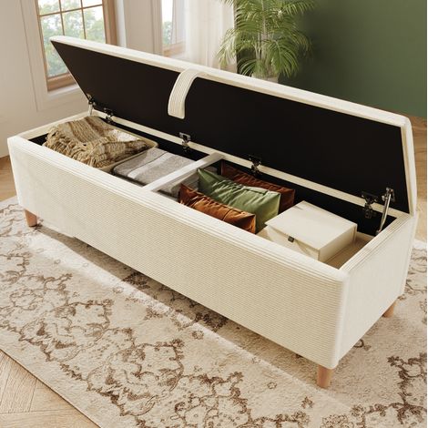 Panca da letto contenitore 165x38 cm beige con apertura idraulica, tessuto a coste e legno, MEUBLIV (1/5)
