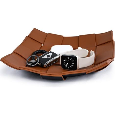 Plateau de rangement multifonctionnel en similicuir pour entrée clés portefeuille pièces (Noir-marron Grande taille) (1/5)