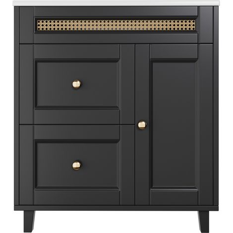 Mueble de baño con lavabo cerámico 76x46x86,5 cm negro MDF y ratán HOMVRA (1/5)