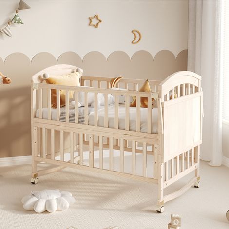 Babybett mitlaufend - 120 x 60 x 95 cm - Beistellbett ausziehbar mit Wickeltisch, klappbare Ablage, Gitterbett rollbar, moderner Stil, Kiefer Massivholz - natur (1/5)