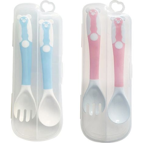 Cuillère Et Fourchette Bébé - Manche Flexible En TPE Et PP Sans BPA - Pour Apprentissage Autonome À Table - Lot De 2 Cuillères + 2 Fourchettes + 2 Boîtes De Rangement (1/5)