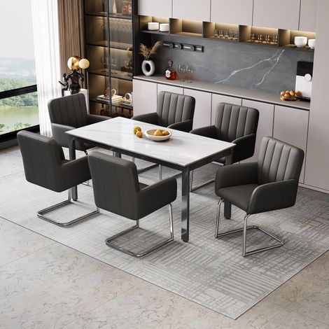 Juego de 6 sillas de comedor con respaldo ergonómico en Z, patas de metal, cuero sintético negro (1/5)