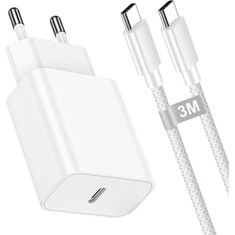 30W Chargeur iPhone USB C avec Cable USB C 3m, Chargeur Rapide Type C PD Prise Adaptateur Secteur avec Nylon Tressé Cordon Câble usbc vers usbc 3m pour iPhone 17 16 15 Pro/Pro Max/Plus, MacBook,iPad (1/5)
