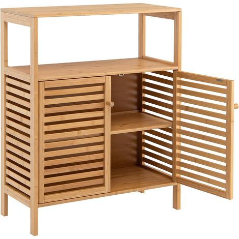 COSTWAY Armario de Baño de Bambú, 64 x 27,5 x 80 cm, Organizador de Almacenamiento Independiente con Estante Abierto y Puertas Dobles, Estante Extraíble, Baño, Sala de Estar, Cocina, Entrada (1/5)