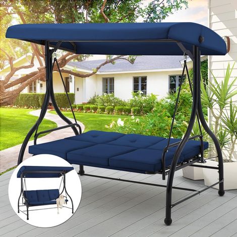 YODOLLA Balancelle de Jardin 3 Places,Lit Balancelle de Terrasse avec Coussin Amovible, Bleu foncé