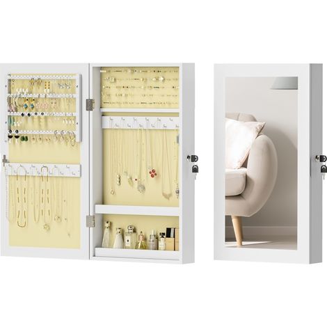 Mobiletto Portagioie a Specchio con Design a Muro e 2 Chiavi di Sicurezza, in Legno, 36.5x9.5x67 cm, Bianco (1/5)