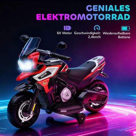 Porteur enfant 18-36 mois moto électrique rouge avec stabilisateurs, lumières et musique, cadre en plastique et acier (1/4)