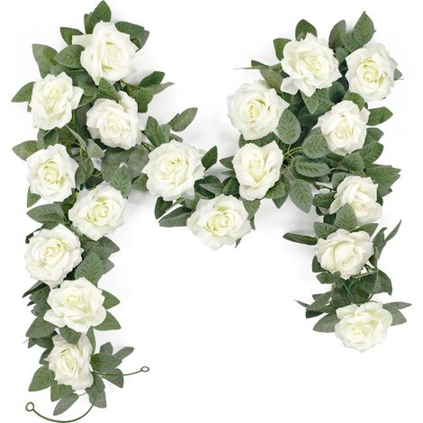 2 x 2m Guirlande de Rose Artificielles avec Feuille de Lierre Simulation Rose Fleurs Artificielles à Suspendre Fleur Guirlande Vigne Suspendue pour Mariage Décoration Maison Jardin (Blanc2) (1/5)