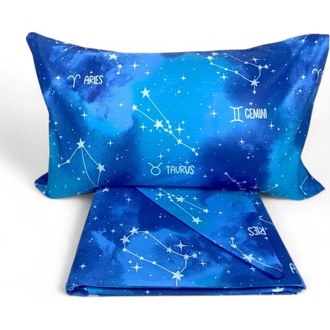 Copripiumino “Tempo di Dormire” Blu - Segni Zodiacali - Cotone 100% Made in Italy - Artigianale Cm. 155X200