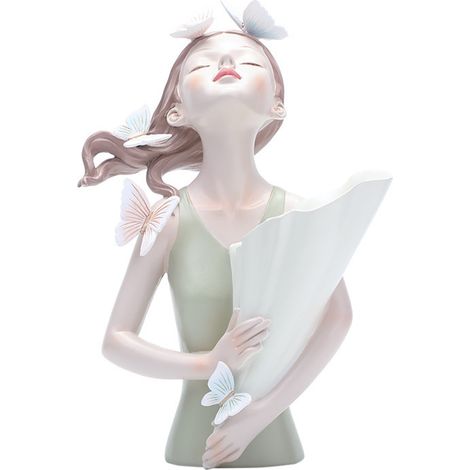 [Vase sculptural] [Vase fantaisie] [Statue fille aux papillons] en résine, dimensions 21.5x14.5x31cm, poids 800g, coloris Blanc & Noir/Orange & Doré/ Vert & Doré/ Vert/Gris/Rose, pièce unique artisana (1/4)