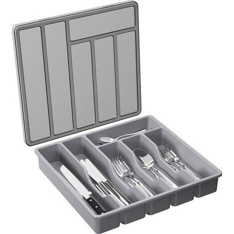 Boîte de rangement pour couverts avec couvercle, plateau à couverts, pour tiroir et plan de travail, 6 compartiments, grise (1/4)