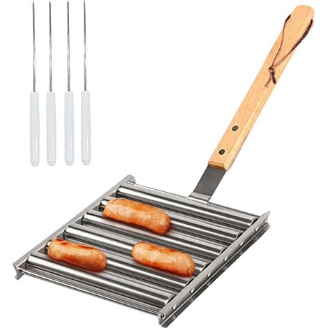 Grille à saucisse roulant en acier inoxydable avec support BBQ pour hot-dog et long manche en bois avec 4 broches pour gril extérieur, capacité de 5 hot-dogs, taille moyenne