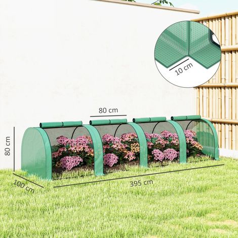 Serre tunnel avec 4 fenêtres fermeture éclair, armature acier et bâche robuste, 395x100x80 cm, jardin, coloris vert (1/5)