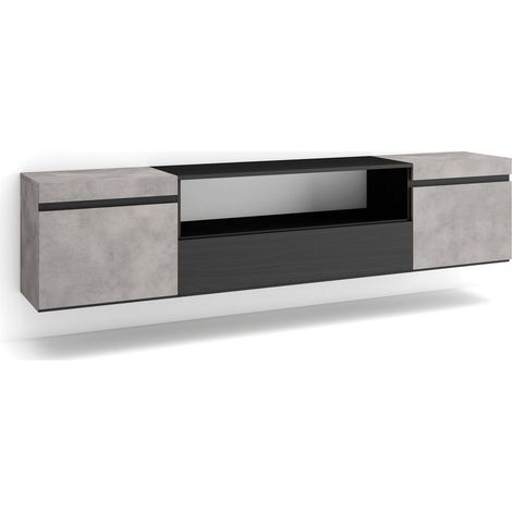 Skraut Home - Meuble TV, Banc Télé, Grand espace de Rangement, 200x45x35cm, Pour les TV jusqu'à 80", Suspendu, Mural, Style moderne, Gris Ciment (1/5)