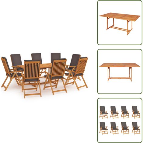 The Living Store Set da Pranzo da Giardino 9 pz con Cuscini Legno di Teak Grigio - Tavolo in teak