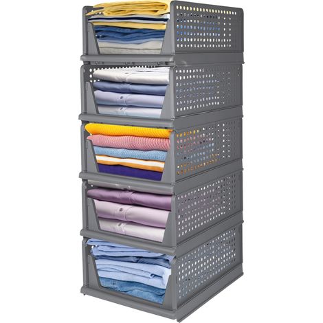 Boîte Rangement Plastique, 5 Caisses de Rangement Pliables, Boite Empilable pour Vêtement, Livres, Jouets, Caisse pour Chambre, Salon,Cuisine (1/5)