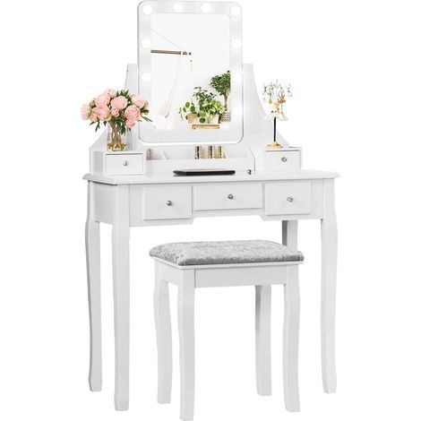 COSTWAY Tocador con Taburete y 5 Cajones Mesa de Maquillaje con Espejo Giratorio 360 ° y 10 LED Bombillas (Blanco) (1/5)