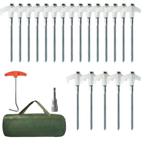 Lot de 20 piquets de tente rotatifs avec filetage - Piquets de camping pour différents environnements de camping - Idéal pour sol dur, forêt, prairie, rochers (blanc)