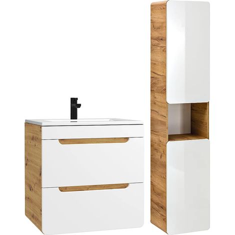 Mobile per bagno sospeso e lavabo da incasso e colonna 60 cm Naturale e Bianco - ARUBA (1/5)