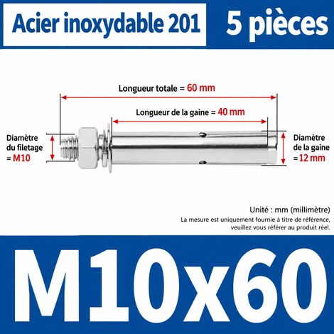 Goujon d'ancrage M10x60 inox 201 lot de 5 pièces perçage 12 mm m10 60 5 pièces 1 kg – Livraison gratuite