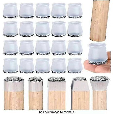 Patins de protection pour pieds de chaise, lot de 20, embouts en silicone transparent avec patins en feutre, pour parquets et carrelages. (1/5)