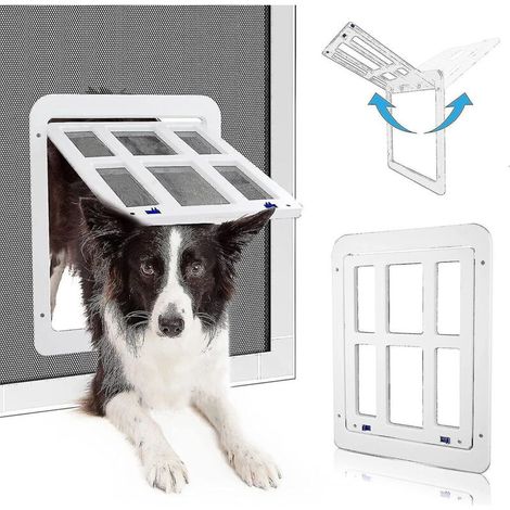 Selbstschließendes Katzenschutzgitter, Hundeklappe mit Magnetverschluss, Balkontürgitter mit integrierter Katzenklappe – Weiß – Größe L (1/5)