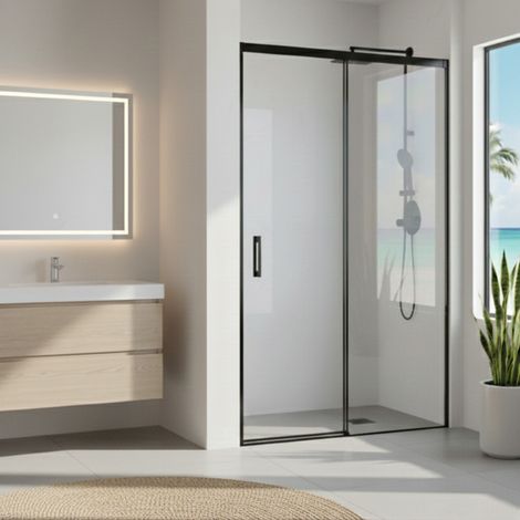 SOULHOME Paroi de Douche Réversible 107-110x200h cm Profil SLIM Noir Mat Porte Coulissante Amortie + Fixe Verre 6mm Antical (1/5)