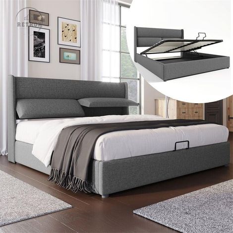 Lit coffre double 180x200cm - lit capitonné en lin avec appuie-tête réglable, lit de rangement avec sommier à lattes, Sans matelas - gris (1/5)