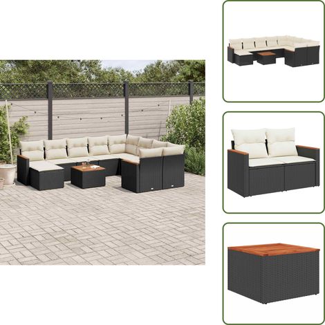 The Living Store Salon de jardin 11 pcs avec coussins noir résine tressée - Ensemble Salon De Jardin - Mobilier De Jardin - Canapé Extérieur - Set De Salon - Chaise Longue