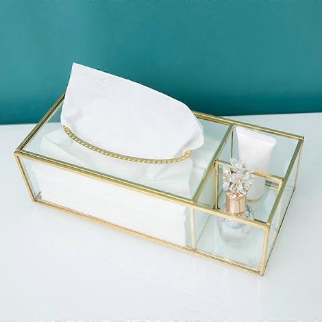 Boîte à mouchoirs de luxe nordique en métal et verre, rangement pour maquillage et produits cosmétiques, distributeur de serviettes, organisateur de bureau pour la maison (1/4)