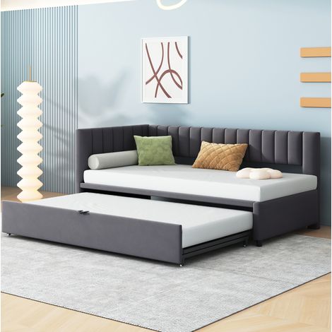 L-förmiges Schlafsofa 90x200 cm grau aus Samt mit Ausziehbett und Kopfteil (1/5)