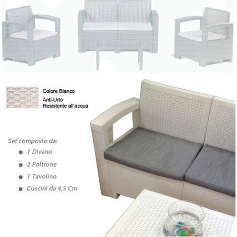 Divano con Poltrone e Tavolino/Salotto/Salottino in Polyrattan per Esterno/Arredo Giardino - Mod. Sydney bianco