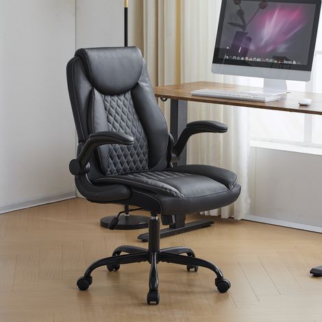 Sedia da ufficio ergonomica in pelle nera con supporto lombare, braccioli ribaltabili e ruote (1/4)