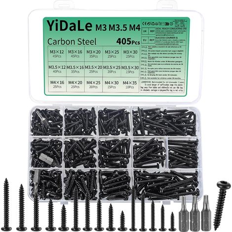 405 PcsVis Torx, M3 M3,5 M4 Vis Autotaraudeuses en Noires, Vis Tête Ronde pour Ttravail du Métal et Bois + Bits (405Pcs -acier au carbone) (1/5)