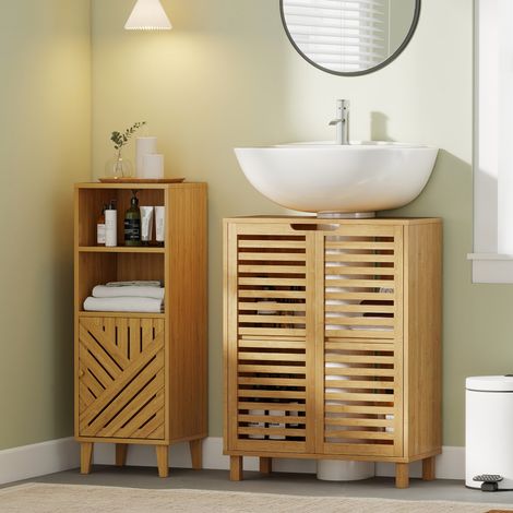 Mobiletto da bagno, mobiletto da bagno con ante a persiana, legno di bambù, ripiani regolabili, naturale