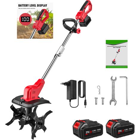 Motoculteur Electrique Sans Fil, 2 batteries et 1 chargeur, 21V, 20cm Largeur, 22cm Profondeur, 350 RPM, Rouleaux doubles à 4 lames (1/5)