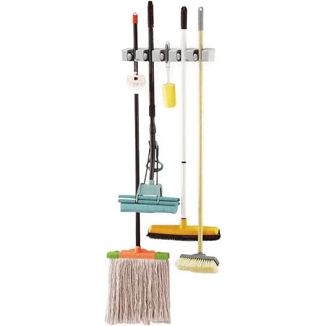 Soporte colgador fregonas y escobas de pared 5 posiciones  Blanco (1/2)