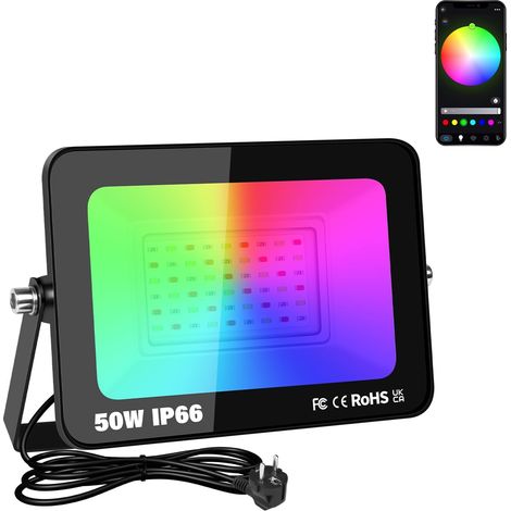 1PC Projecteur LED RGB App Télécommande, Spot LED Extérieur 50W 5000LM, 16 Couleurs, Minuteur, Télécommande RGBW Lumière de Eclairage Pour Jardin Patio, IP66 étanche, avec Prise (1/5)