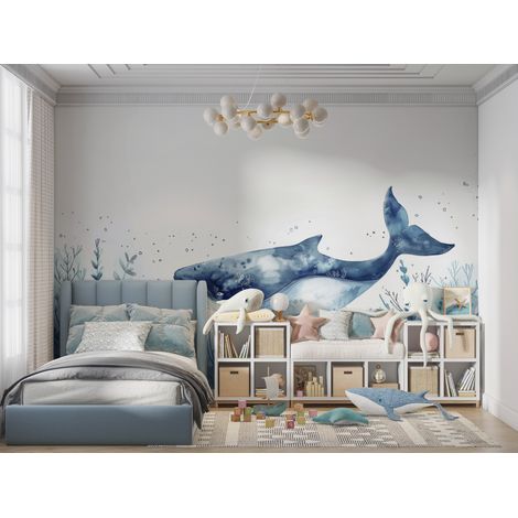 Papier Peint Enfant - Baleine Aquarelle Bleu Nuit - 400 x 260 cm (1/2)