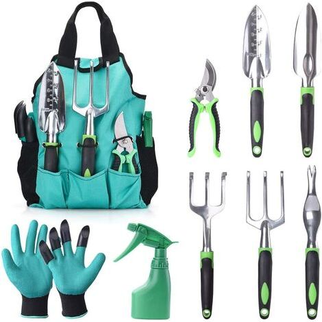 Ensemble d'outils de jardin ergonomiques 9 pièces comprenant un sécateur, une pelle, un outil de plantation, un râteau, un désherbeur, une fourche à main et un sac de transport. (1/5)