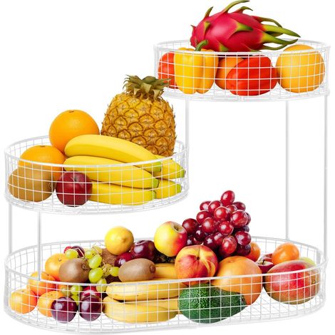 JF HOME BLISS 3-Tier Metal Fruit Basket Large Countertop Fruit & Vegetable Storage Stand for Kitchen Dining Table Space-Saving Organizer for Apples Bananas Onions Snacks Bread (White) (1/5)