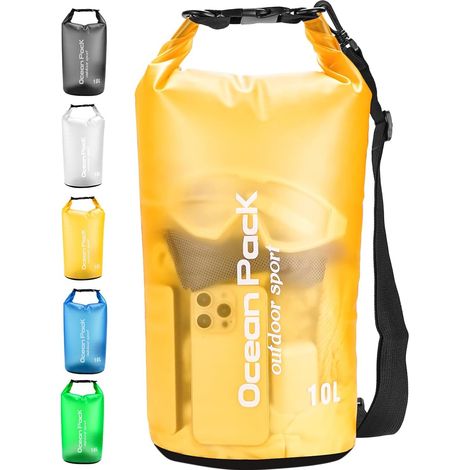 Sac étanche de 10 L, avec bandoulière réglable et fermeture à enroulement, idéal pour la natation, le camping et la pêche (jaune)