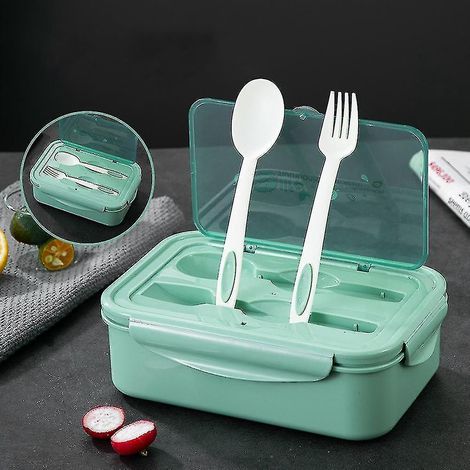 Bento-Box für Erwachsene und Kinder (1 Stück), 1400 ml, mit integriertem Besteck, auslaufsicher, spülmaschinen- und mikrowellengeeignet (grün)