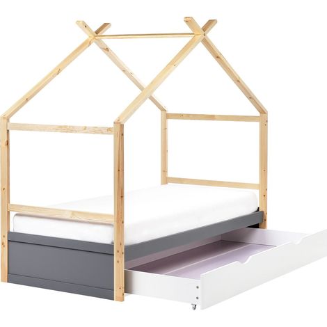 Kids Bed House Pine Wood ORGEVAL 90 x 200 cm (EU Single) with Storage Grey