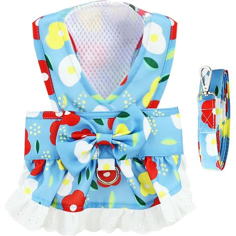 Ensemble robe, harnais et laisse pour petits chiens, nœud papillon fleuri, robe chiot respirante et mignonne de princesse, vêtements de printemps et d'été pour chats et animaux de compagnie, jupe (1/5)