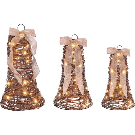 Conjunto de 3 decoraciones de ratán campanas de Navidad con luces LED blancas cálidas lazos adornos colgantes para interior marrón Luosto (1/5)