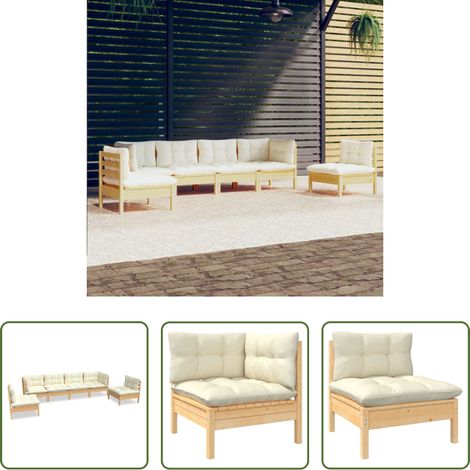 Terrassensofa - 6-tlg. Garten-Lounge-Set mit Creme Kissen Massivholz Kiefer (1/5)