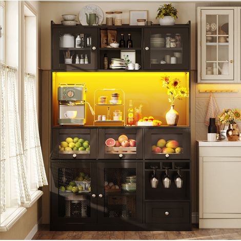 Mueble de cocina alto 120 x 40 x 181,7 cm con LED, USB y puertas de cristal negro HAVRYA (1/5)